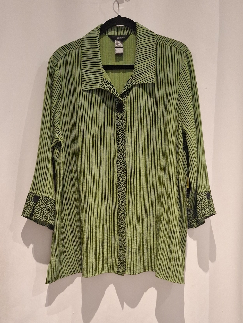 Ali Miles Lime Green Striped Button-Down Shirt with Abstract Trim